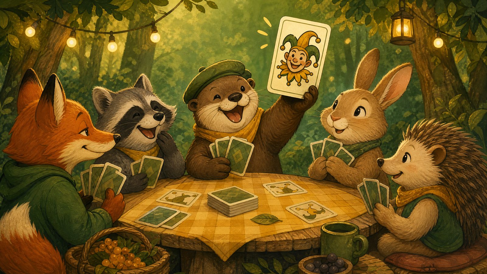 Woodland animals playing a bluffing card game, an otter raising a jester card triumphantly