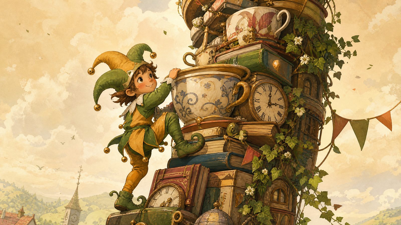 A jester climbing a tower of giant teacups, books and clocks under a warm sky
