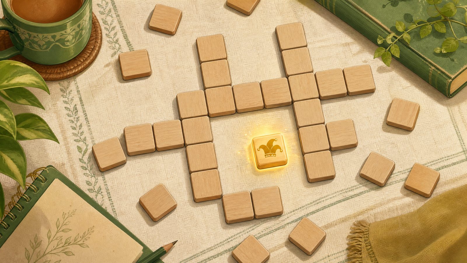 Wooden letter tiles forming a crossword on linen, with one glowing wild tile