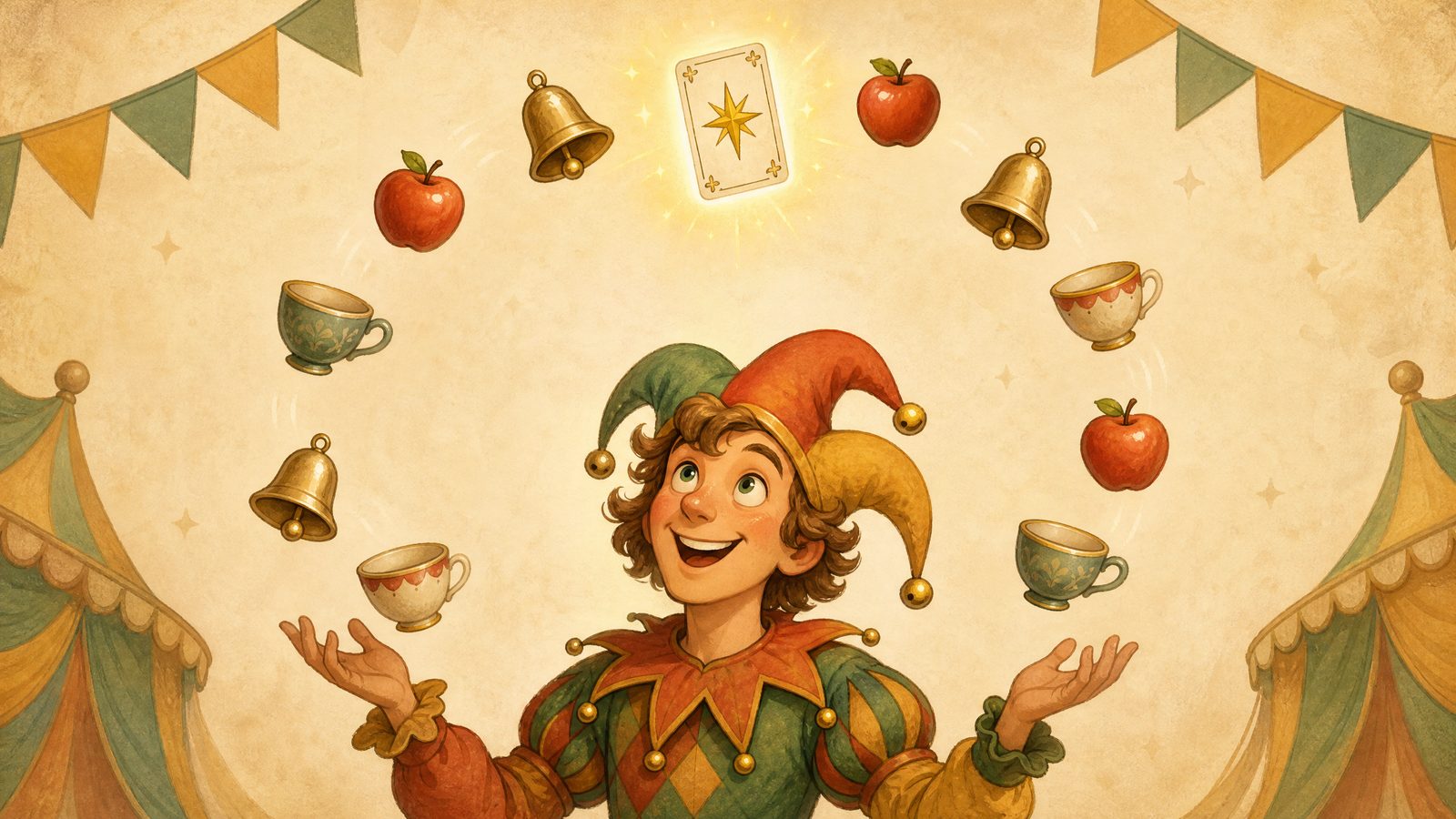A jester juggling apples, bells, teacups and a glowing wild card in a wide arc