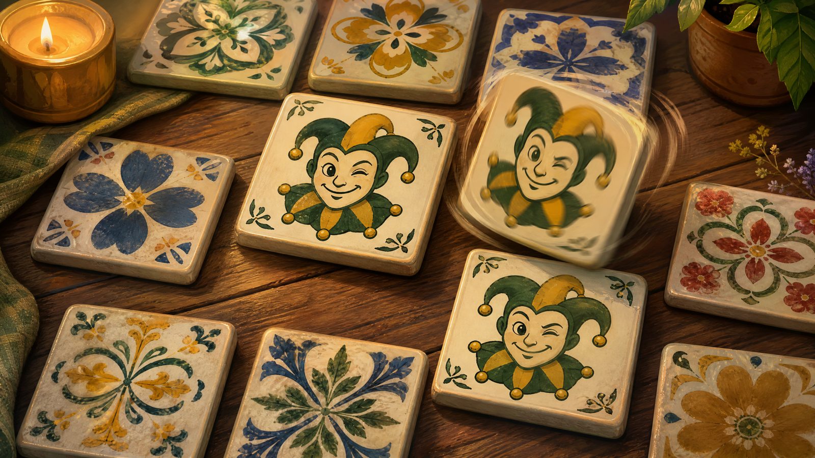Ceramic folk-art tiles on a wooden table, winking jester faces revealed on three tiles